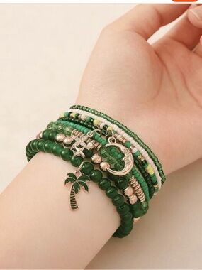 Green Beaded Multi-Strand Palm Tree & Moon Charm Bracelet - Women Jewelry